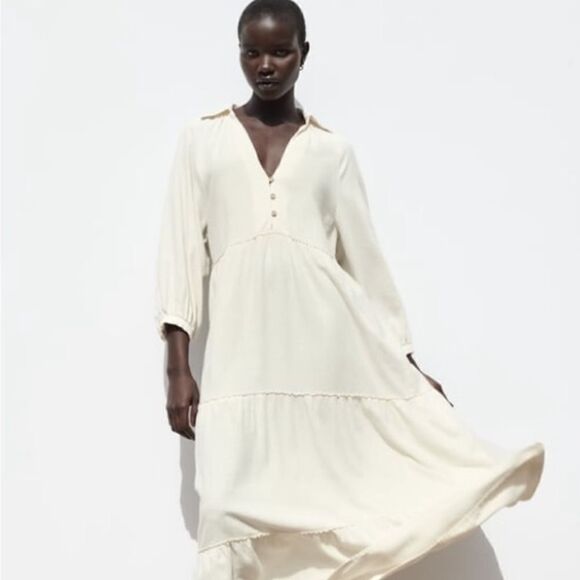 ZARA BOHO LINEN BLEND TIERED MIDI DRESS - Picture 8 of 15